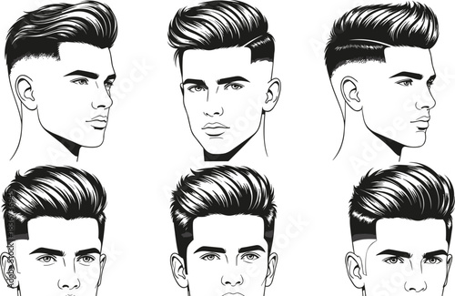 Modern male hairstyle with hard part and skin fade shown in six illustrated angles for barber, salon, and grooming reference