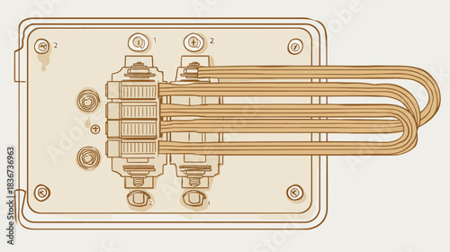 Detailed Vintage Sepia Technical Drawing of an Electrical Heating Element Module, Industrial Blueprint Style Illustration