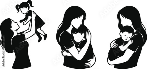 Mother lifting child, comforting embrace, sleeping baby, nurturing love, family bonding, maternal care, emotional connection, silhouette art, parenting moments, black and white