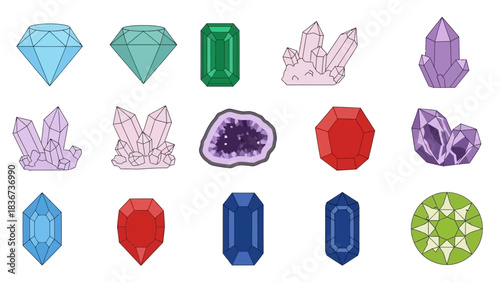 Colorful Gemstone and Crystal Illustration Set for Jewelry and Mineralogy Designs