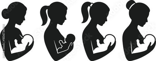 Mother, baby, breastfeeding, nurturing, silhouette, care, maternal, infant, bonding, love, motherhood, black, profile, cradling, woman, hairstyle, parenting, newborn, support