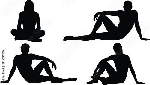 Seated human silhouette poses in relaxed positions — ergonomic reference for posture, lifestyle, modeling, art, and design studies
