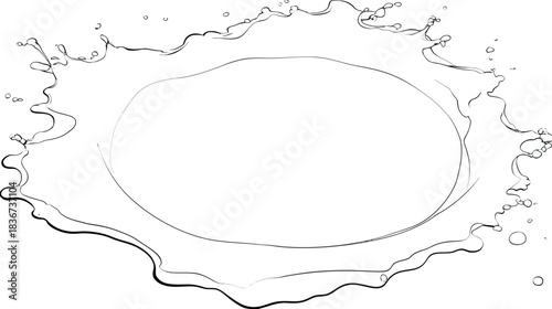 Abstract liquid splash outline vector drawing with dynamic ripples and droplets, illustrating a water drop effect