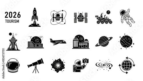 Conceptual vector illustration of space tourism in 2026, featuring exploration and celestial