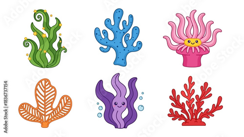 Cute cartoon sea plants collection isolated on white background for kids illustration