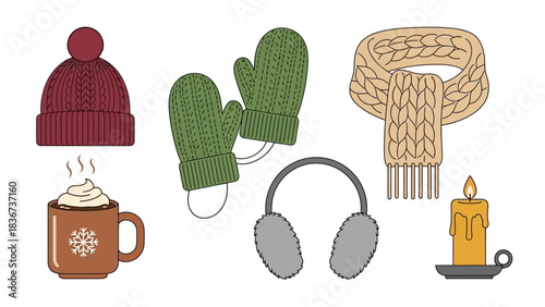 Cozy winter illustration showcasing essential elements of warmth and comfort on a cold day