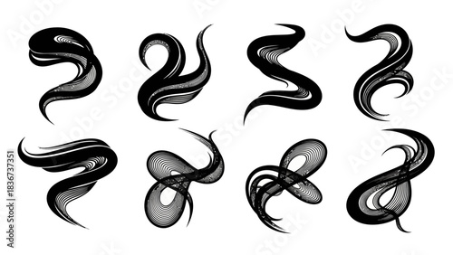 Elegant black and white vector design elements with flowing curves and lines patterns in various