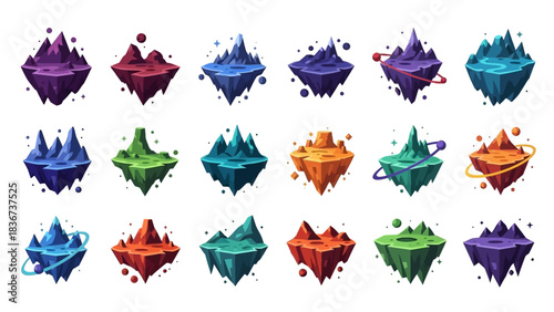 Fantastic floating islands set, isolated design elements, vector illustration of cartoon islands