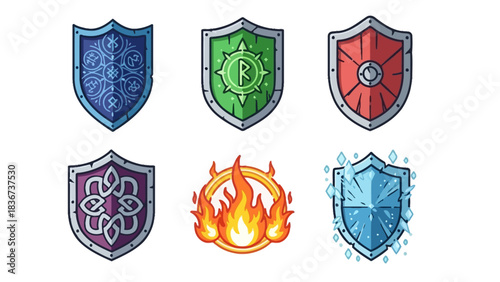 Fantasy themed shield designs in various elements, perfect for game assets and graphics