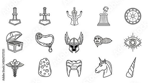 Fantasy themed tattoo flash sheet featuring mystical items and mythical creatures illustration