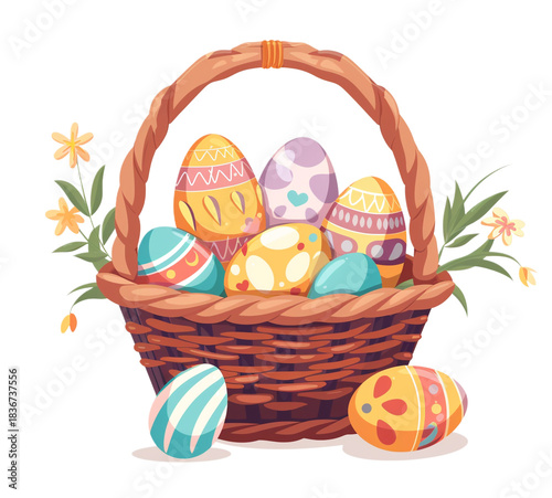 Wicker basket filled with colorful decorated easter egg collection isolated on transparent background