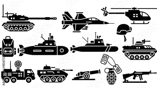 Illustrative composition of military vehicles and equipment icons on white background