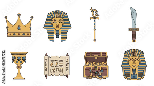 Illustrative Egyptian Collection Featuring Tutankhamun Masks and Ancient Treasures