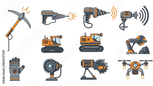 Industrial mining equipment set, including a pickaxe, drills, excavators and robot arm