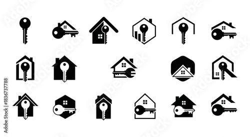 Minimalist House Key Logo Set: Clean Black and White Real Estate Icons for Branding and Design