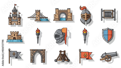 Medieval Castle and Knight Equipment Icons Collection Representing Historical Warfare Elements