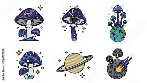 Mushroom planet illustrations, a collection of mystical fungal designs showcasing celestial themes