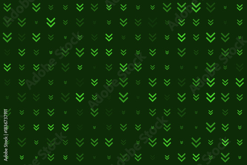 Abstract dark green background with a seamless repeating pattern of varying light green double chevron down arrows, symbolizing digital data flow and modern technology.