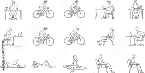 people, posture, activity, lifestyle, working, relaxing, cycling, sitting, beach, desk, laptop, chair, table, monitor, eating, drinking, surfing, casual, ergonomic, illustration