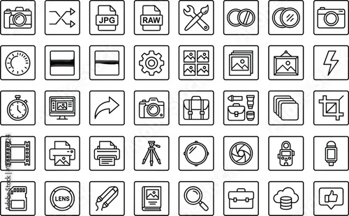 Photography icons, camera tools, editing symbols, image management, tripod, lens, RAW, JPG, crop, brightness, contrast, gallery, upload, share, print, digital media, photo gear, software