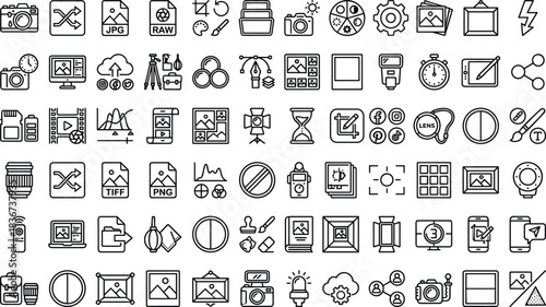 Photography icons, image editing tools, camera gear, file formats, digital media symbols, graphic design elements, creative workflow, visual content assets