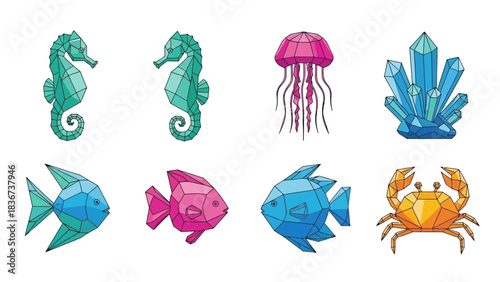 Polygonal sea creatures and crystal formations illustration against white backdrop