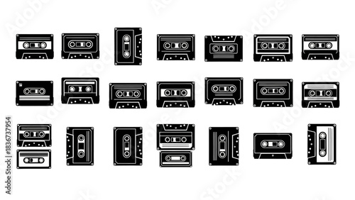 Retro Audio Cassette Tapes Vector Illustration Black and White Compilation Collection