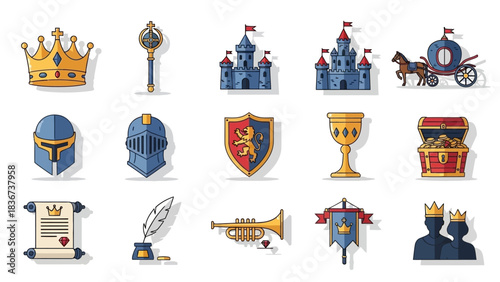 Royal Kingdom Elements Vector Set Featuring Crowns, Castles, and Heraldic Symbols
