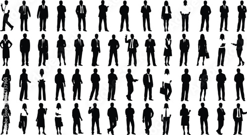 Professional business silhouettes, corporate people icons, office worker poses, team collaboration, leadership, communication, career concept, black vector illustrations, isolated