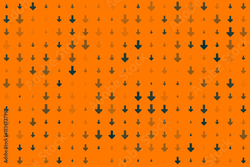 Seamless pattern of downward pointing arrows in varying shades of orange and dark teal on a vibrant orange background, indicating direction or flow