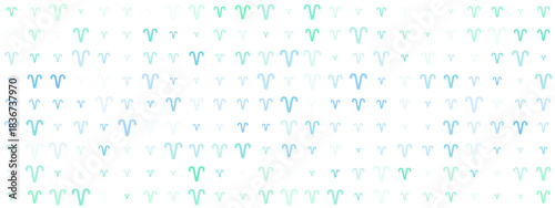 Abstract digital pattern featuring repeating Aries zodiac sign symbols in varying shades of blue and green on a dark background, representing astrology and cosmic themes.