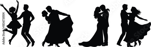 Silhouette, dancing couples, romantic pose, ballroom style, energetic movement, love, passion, elegance, choreography, graceful motion, artistic, black background, performance, emotion