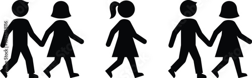 Silhouette, people, walking, together, holding hands, community, unity, companionship, family, relationship, black figures, signage, icon, motion, connection, abstract, gender, diversity