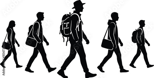 Silhouette, people, walking, travel, commute, diversity, backpack, shoulder bag, group, motion, urban, minimal, black, white, hat, journey, lifestyle, pedestrian, illustration, graphic