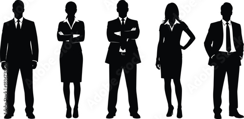 Silhouetted Business Professionals Standing Together in Formal Attire Representing Corporate Teamwork, Diversity, Leadership, and Workplace Unity Concept