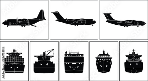 Silhouettes of aircraft, cargo planes, military transport, ships, container vessels, cruise liners, maritime logistics, naval silhouettes, transportation icons, export fleet
