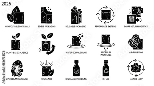 Sustainability packaging icons illustration, representing eco-friendly and innovative design