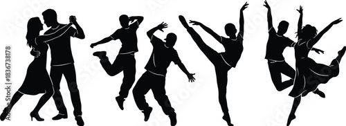 Silhouettes of dancers, ballroom, street, contemporary, motion, energy, grace, rhythm, choreography, performance, artistic, expressive, movement, couple, pose, dynamic, style