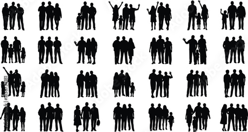 Silhouettes of diverse people groups, family icons, social interaction poses, community figures, relationship symbols, black vector human illustrations, isolated
