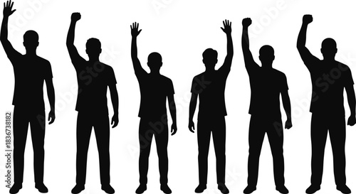 Silhouettes of men raising arms in unity, protest, solidarity, open hands and clenched fists, symbolic gesture, social movement, activism