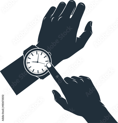 Time, punctuality, schedule, wristwatch, hand gesture, checking time, silhouette, business, routine, urgency, deadline, clock, lifestyle, alert, precision, appointment, reminder, watch face
