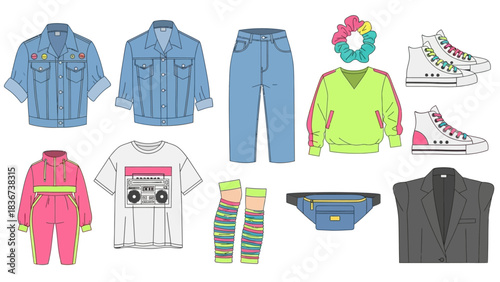 Vibrant collection of 80s inspired fashion apparel and accessories in vector format