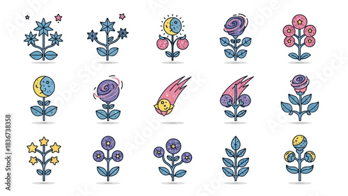 Whimsical celestial and floral icon set featuring stars moons and cosmic elements
