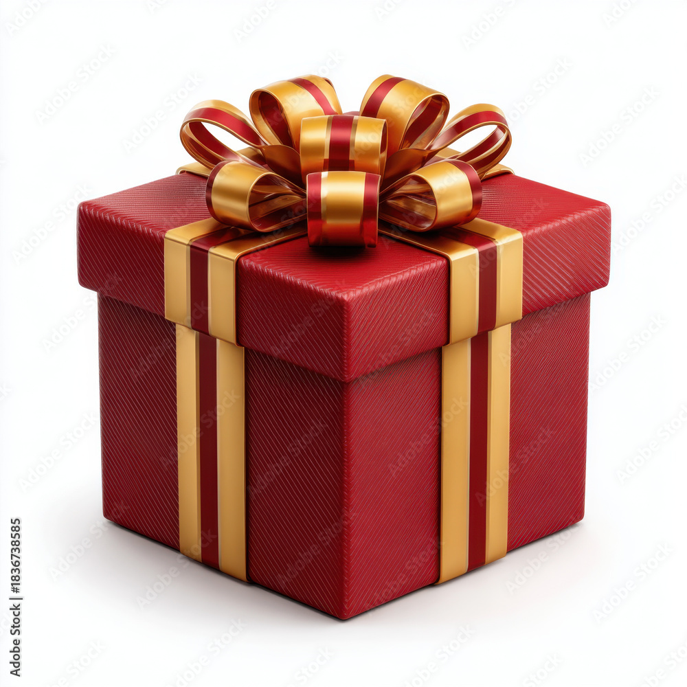 Obraz premium Red gift box with golden ribbon bow festive present wrapped for celebration and holiday joy, elegant textured paper and luxurious metallic ribbon enhance cheerful mood