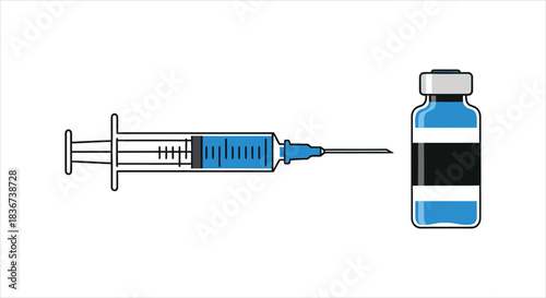 Medical syringe and vial with blue liquid for vaccination and treatment