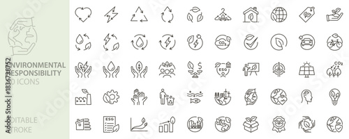 Environmental responsibility icon set. Sustainability, eco-friendly, green energy, recycling, carbon footprint, renewable resources, conservation icons. Thin line editable stroke vector illustrations