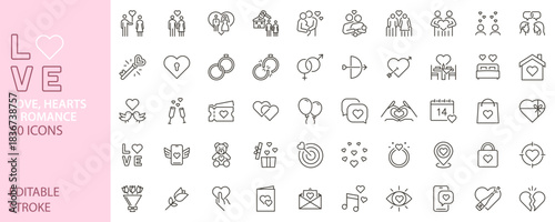 Love, Wedding and Valentine's Day Line Icons. Romance, hearts, dating and relationships vector icon set for couples and marriage.