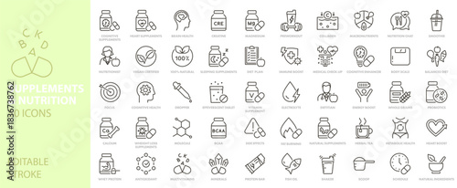Supplement, nutrition and vitamin vector icons. Gym nutrition, dietary supplements, medical health, pharmacy, herbal medicine, wellness vector line icon set. Editable stroke