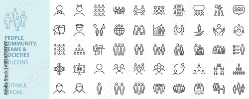 People, community and social network icons. Business team, management, user avatar, human resources, family and crowd vector line icon set. Editable stroke