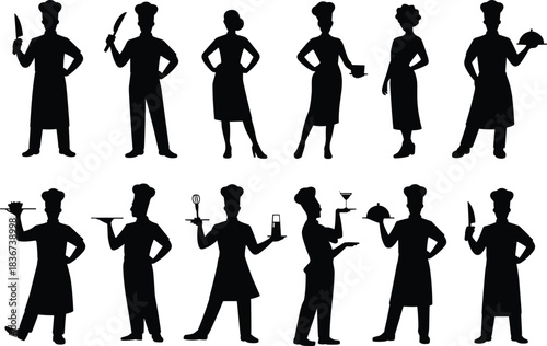 Silhouettes of chefs and servers with kitchen tools — culinary posture and gesture reference for hospitality, branding, and design